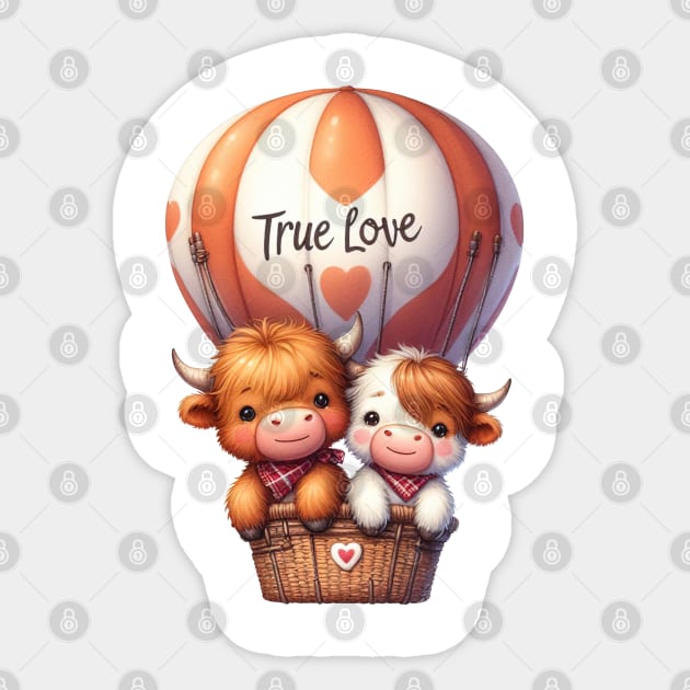 Valentine Highland Cow Couple On Hot Air Balloon Sticker by Chromatic Fusion Studio